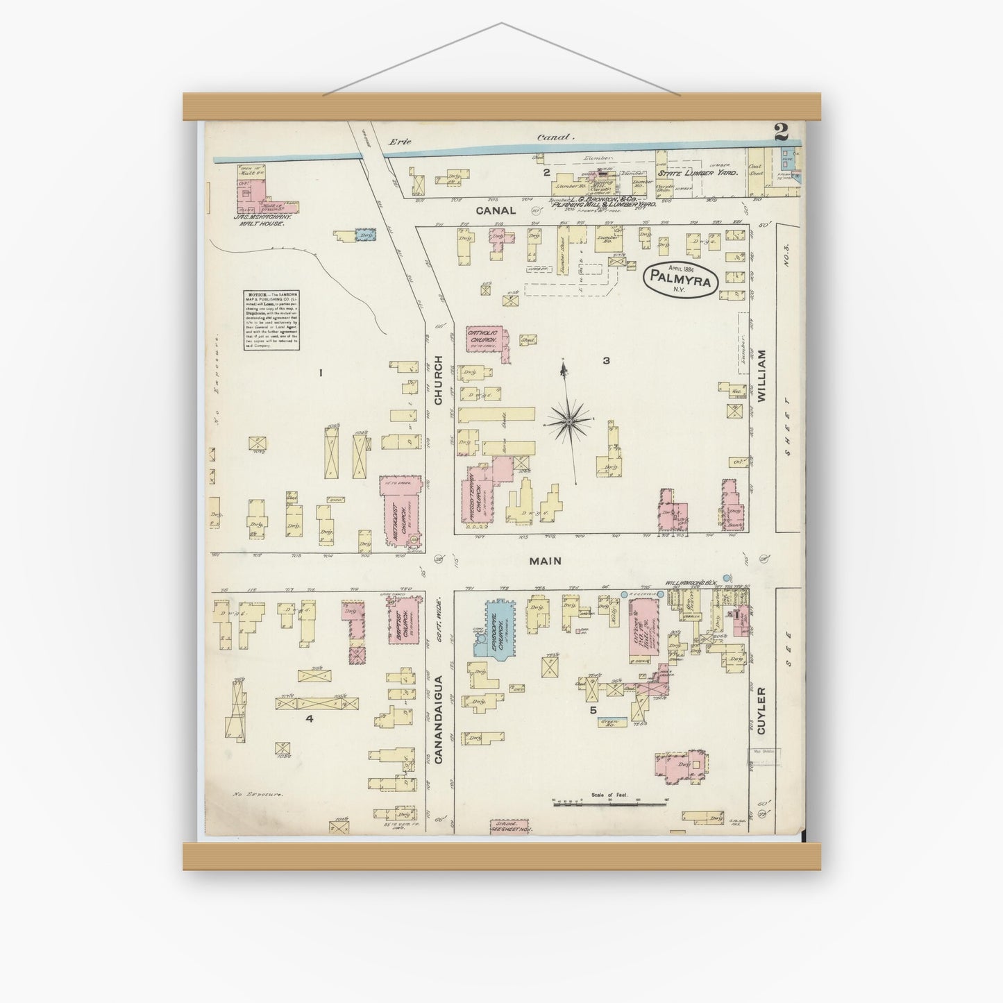 Old map wall art mockup — magnetic wood frame on white wall — Sanborn Fire Insurance Map from Palmyra, Wayne County, New York (1884), Sheet #0002