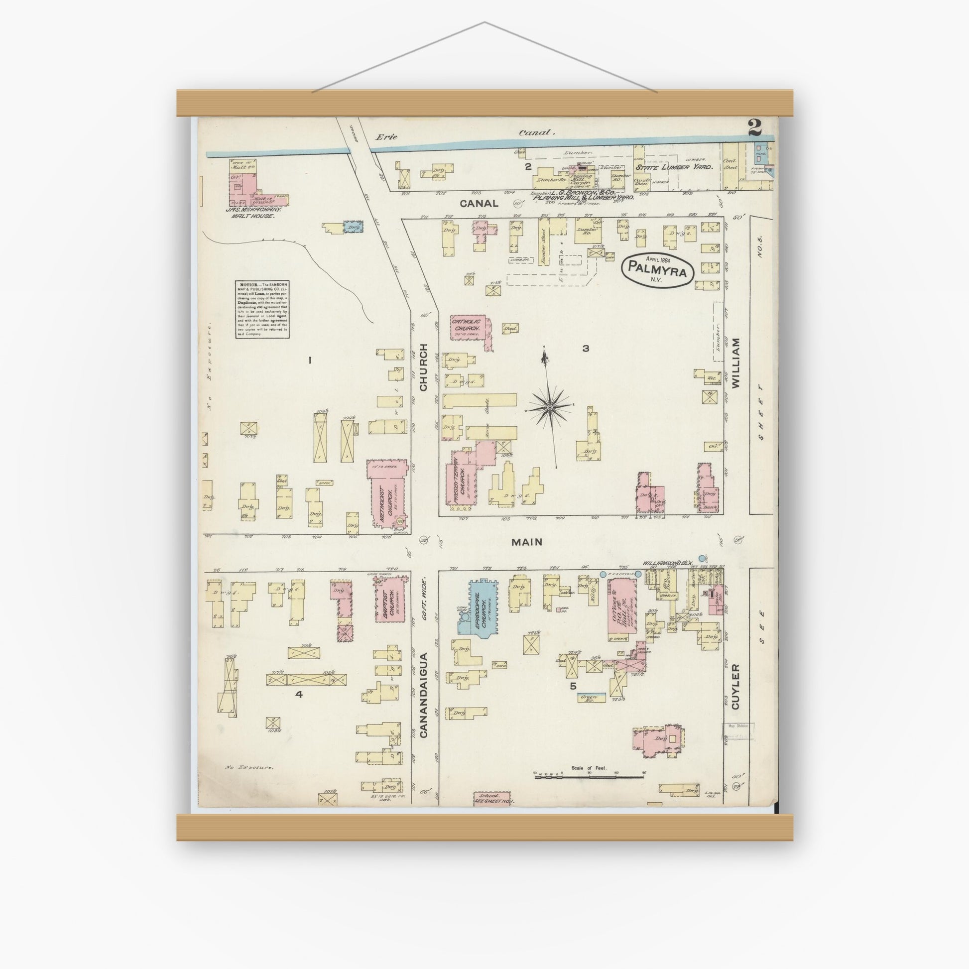 Old map wall art mockup — magnetic wood frame on white wall — Sanborn Fire Insurance Map from Palmyra, Wayne County, New York (1884), Sheet #0002