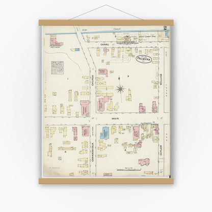 Old map wall art mockup — magnetic wood frame on white wall — Sanborn Fire Insurance Map from Palmyra, Wayne County, New York (1884), Sheet #0002