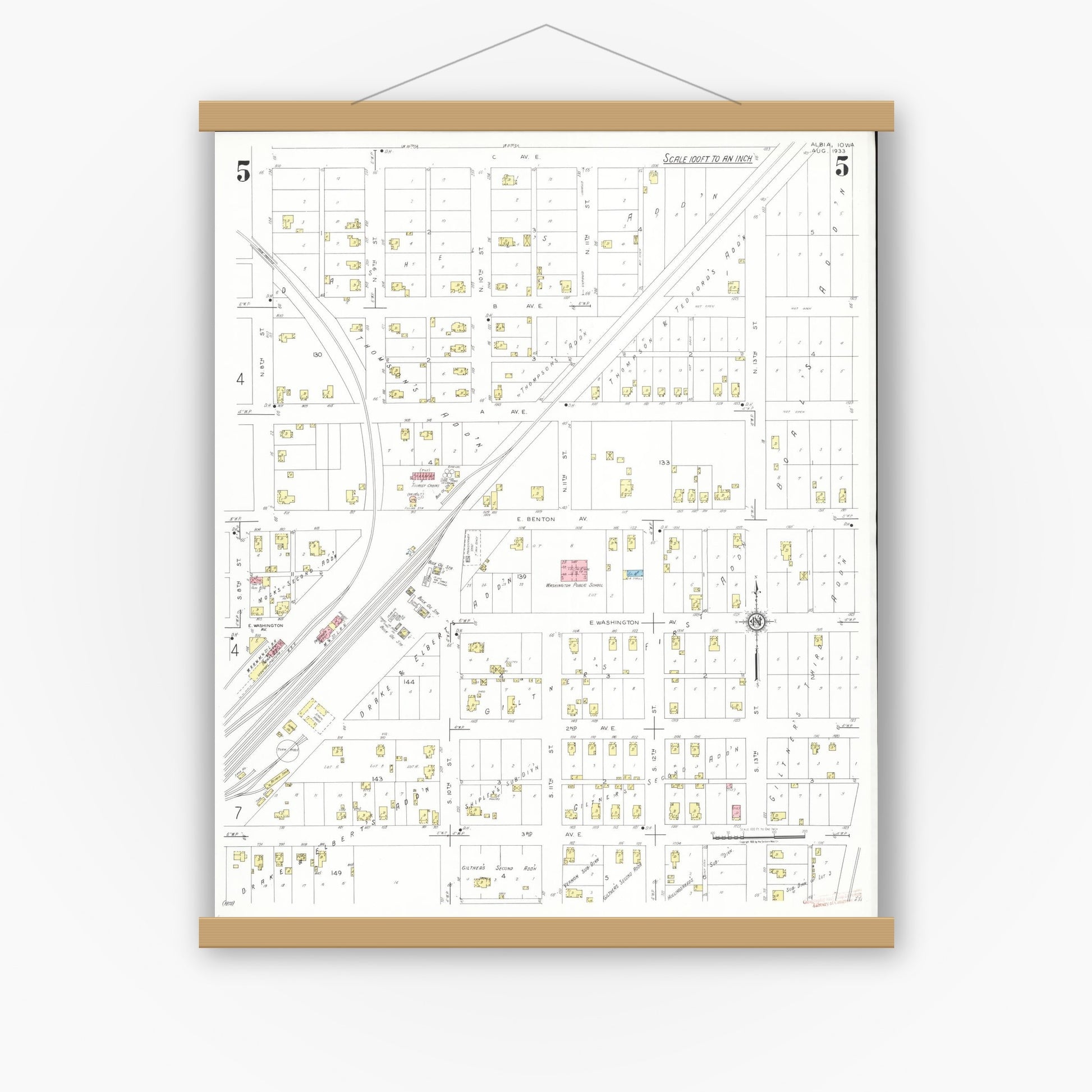 Old map wall art mockup — magnetic wood frame on white wall — Sanborn Fire Insurance Map from Albia, Monroe County, Iowa (1933), Sheet #0005