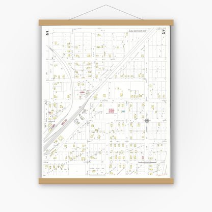 Old map wall art mockup — magnetic wood frame on white wall — Sanborn Fire Insurance Map from Albia, Monroe County, Iowa (1933), Sheet #0005