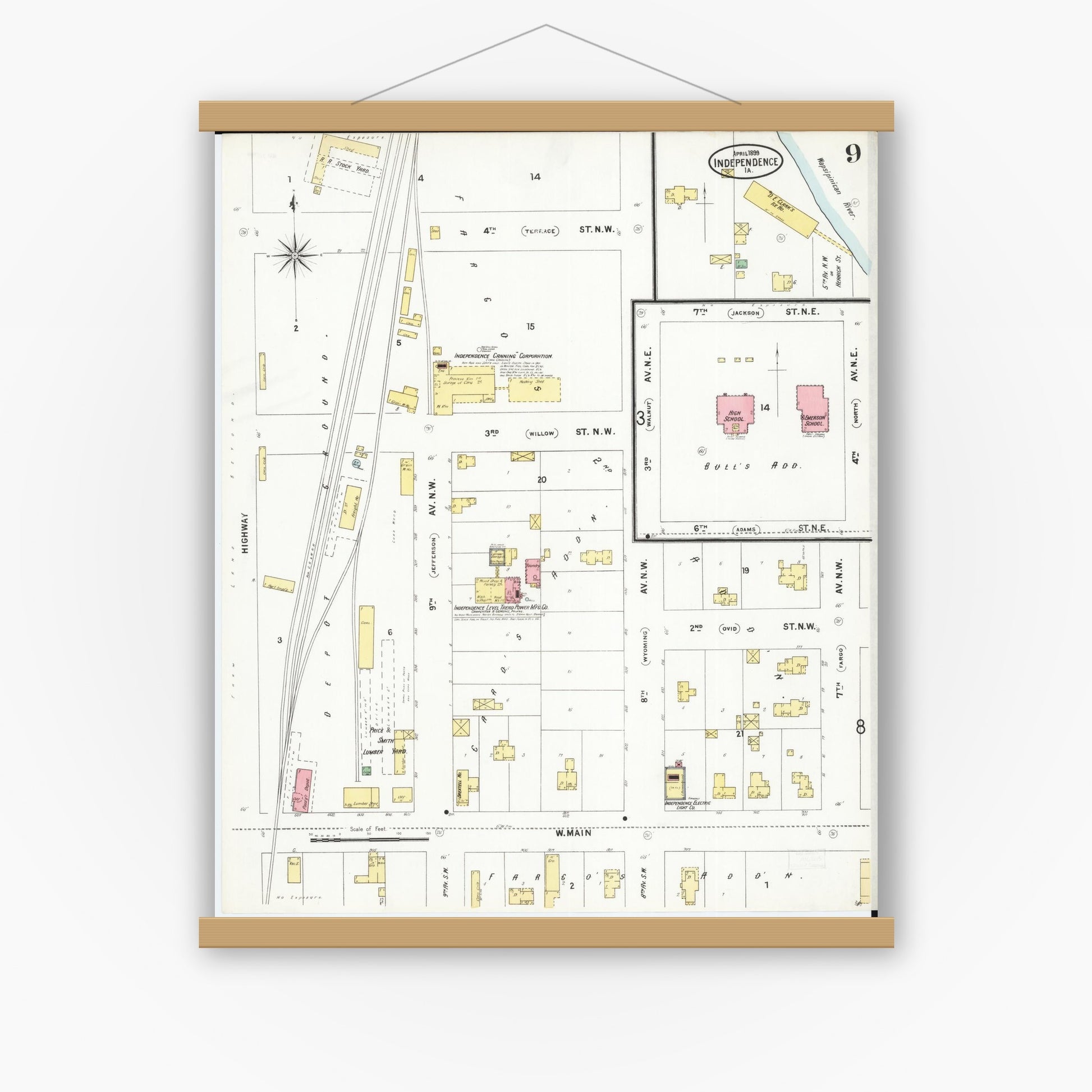 Old map wall art mockup — magnetic wood frame on white wall — Sanborn Fire Insurance Map from Independence, Buchanan County, Iowa (1899), Sheet #0009