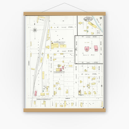 Old map wall art mockup — magnetic wood frame on white wall — Sanborn Fire Insurance Map from Independence, Buchanan County, Iowa (1899), Sheet #0009