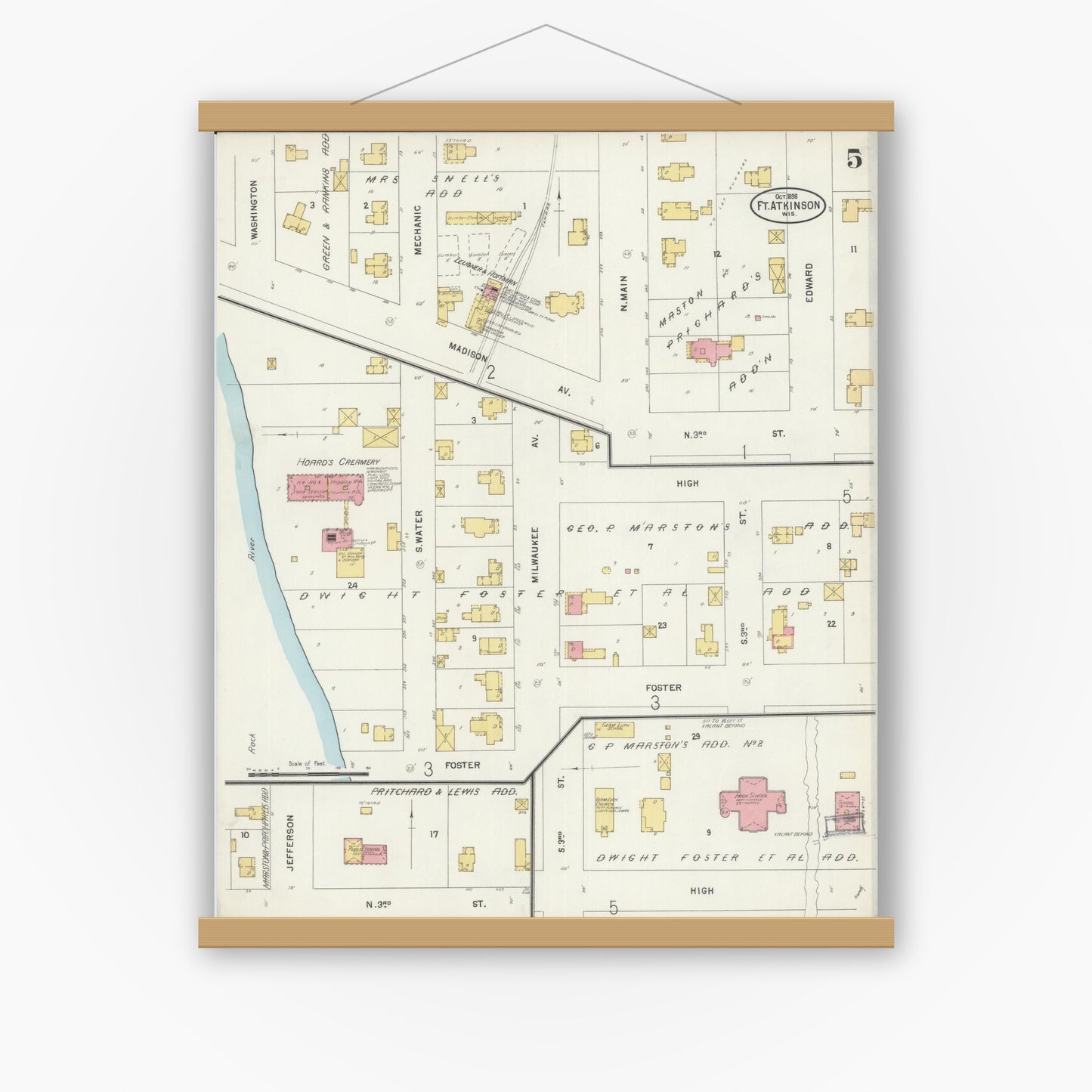 Old map wall art mockup — magnetic wood frame on white wall — Sanborn Fire Insurance Map from Fort Atkinson, Jefferson County, Wisconsin (1898), Sheet #0005