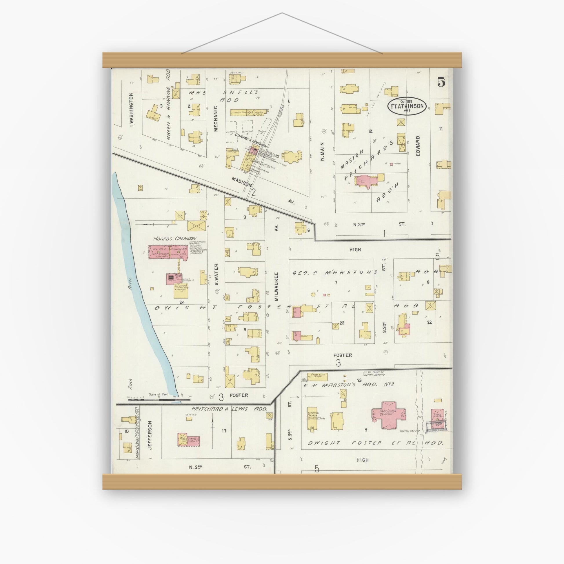 Old map wall art mockup — magnetic wood frame on white wall — Sanborn Fire Insurance Map from Fort Atkinson, Jefferson County, Wisconsin (1898), Sheet #0005