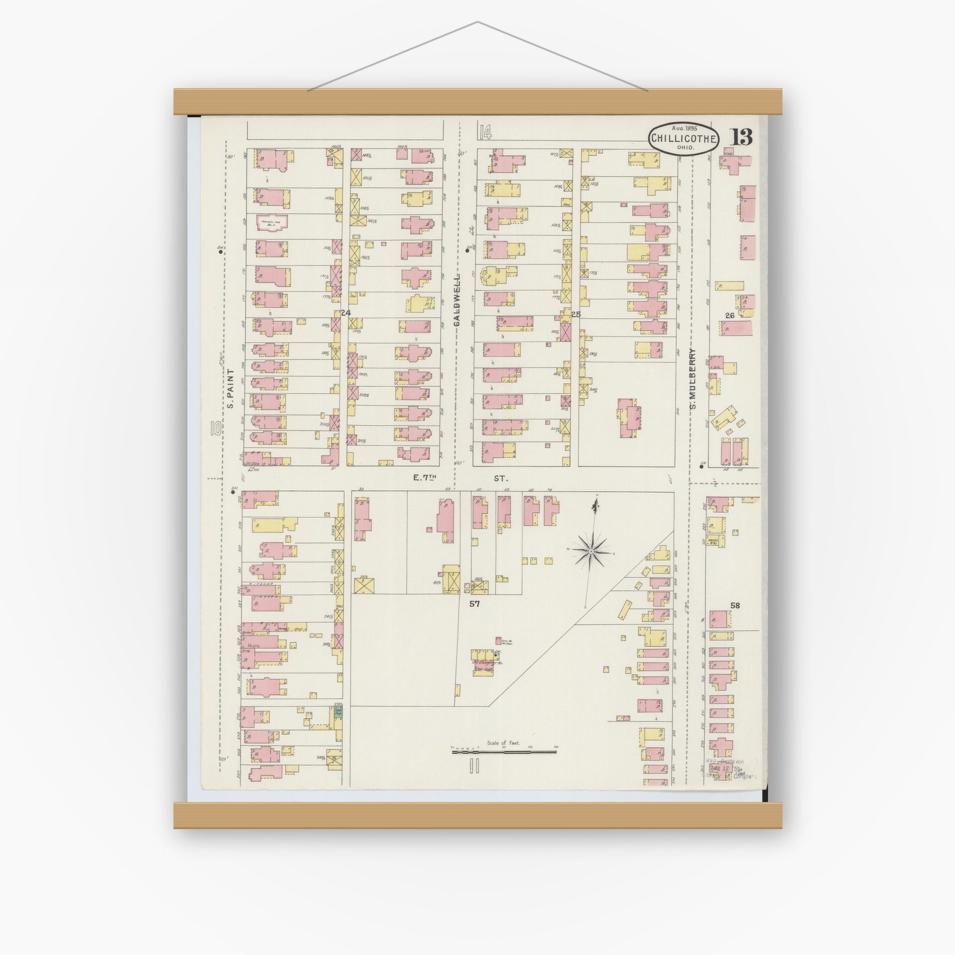 Old map wall art mockup — magnetic wood frame on white wall — Sanborn Fire Insurance Map from Chillicothe, Ross County, Ohio (1895), Sheet #0013