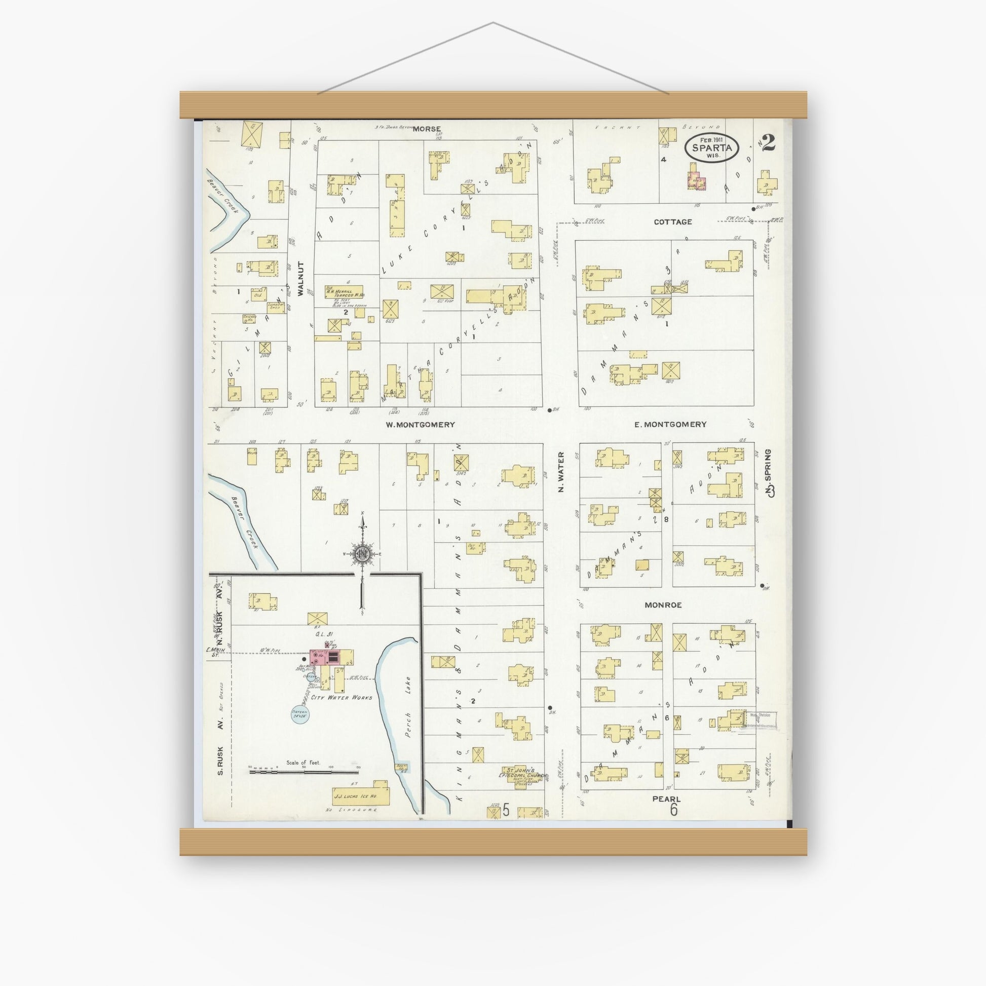 Old map wall art mockup — magnetic wood frame on white wall — Sanborn Fire Insurance Map from Sparta, Monroe County, Wisconsin (1911), Sheet #0002