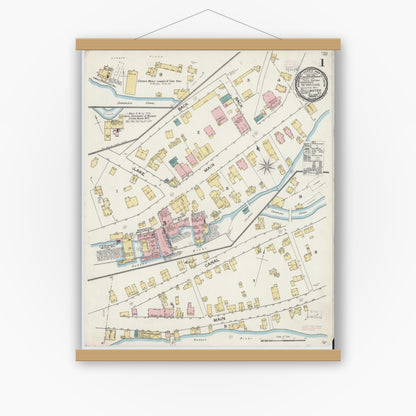 Old map wall art mockup — magnetic wood frame on white wall — Sanborn Fire Insurance Map from Stillwater, Saratoga County, New York (1892), Sheet #0001