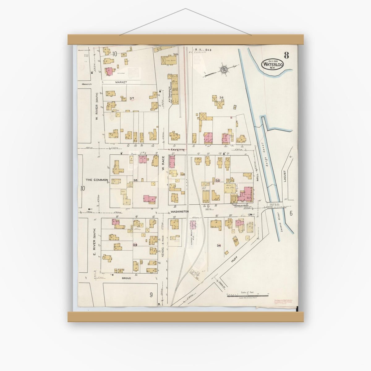 Old map wall art mockup — magnetic wood frame on white wall — Sanborn Fire Insurance Map from Waterloo, Seneca County, New York (1948), Sheet #0008