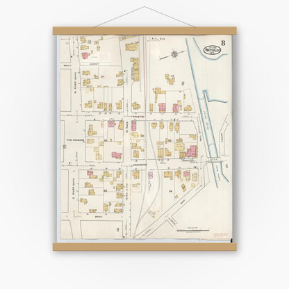 Old map wall art mockup — magnetic wood frame on white wall — Sanborn Fire Insurance Map from Waterloo, Seneca County, New York (1948), Sheet #0008