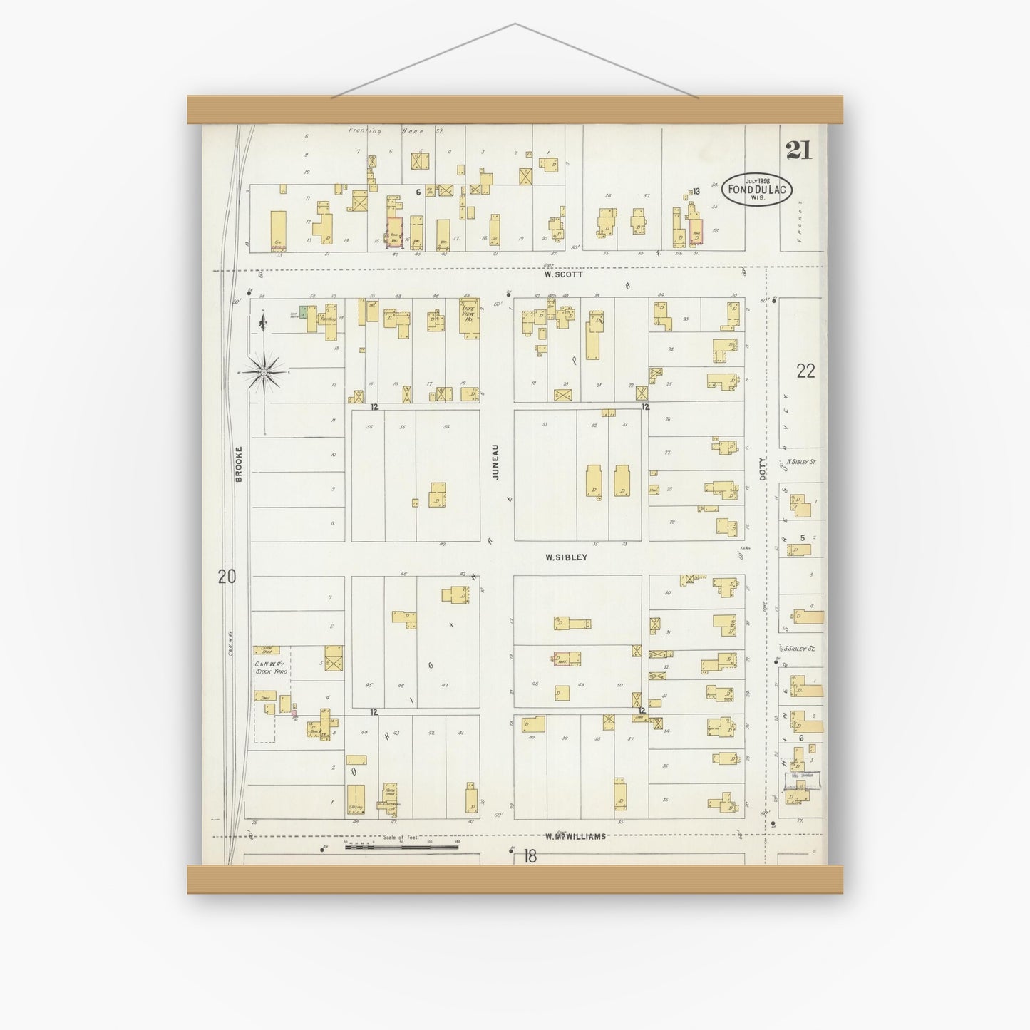 Old map wall art mockup — magnetic wood frame on white wall — Sanborn Fire Insurance Map from Fond du Lac, Fond du Lac County, Wisconsin (1898), Sheet #0021