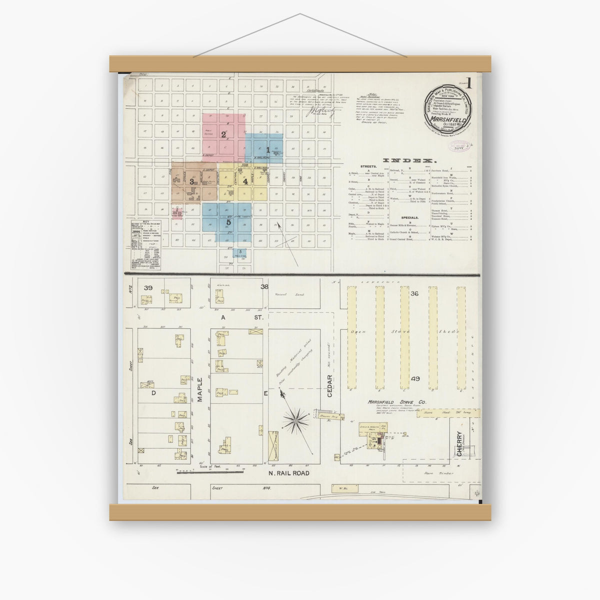 Old map wall art mockup — magnetic wood frame on white wall — Sanborn Fire Insurance Map from Marshfield, Wood County, Wisconsin (1887), Sheet #0001
