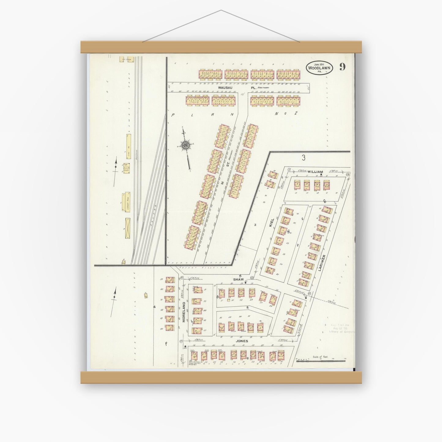 Old map wall art mockup — magnetic wood frame on white wall — Sanborn Fire Insurance Map from Woodlawn, Beaver County, Pennsylvania (1911), Sheet #0009