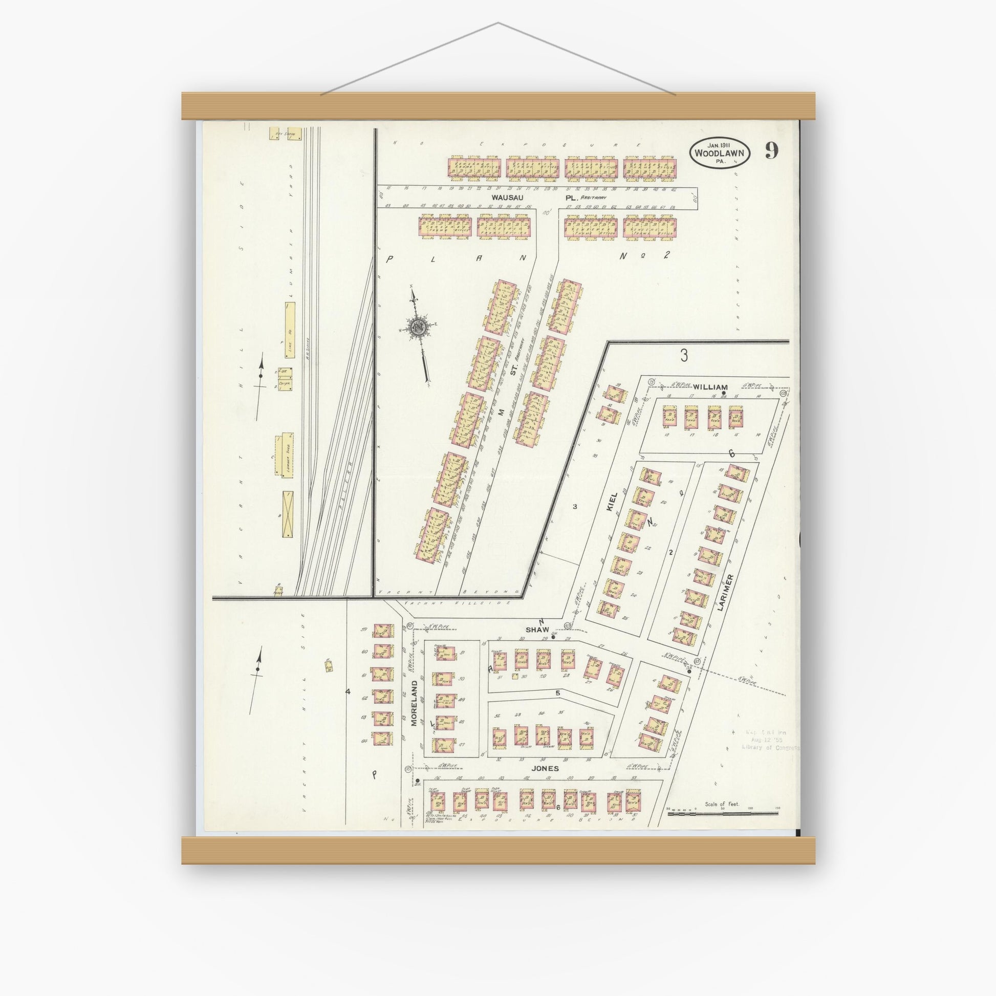 Old map wall art mockup — magnetic wood frame on white wall — Sanborn Fire Insurance Map from Woodlawn, Beaver County, Pennsylvania (1911), Sheet #0009