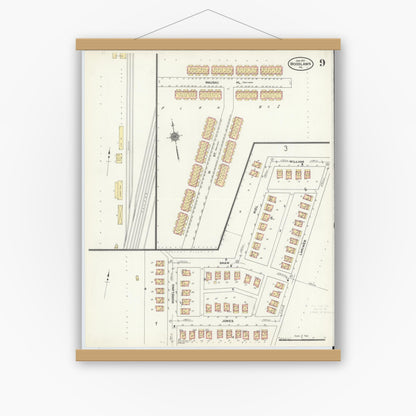 Old map wall art mockup — magnetic wood frame on white wall — Sanborn Fire Insurance Map from Woodlawn, Beaver County, Pennsylvania (1911), Sheet #0009