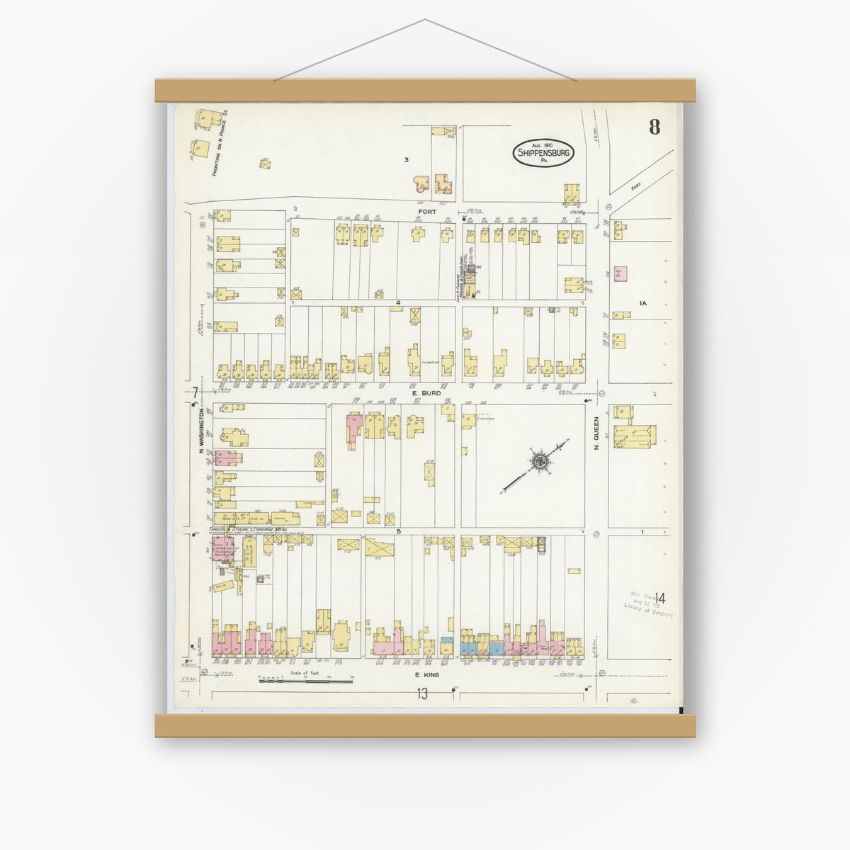 Old map wall art mockup — magnetic wood frame on white wall — Sanborn Fire Insurance Map from Shippensburg, Cumberland And Franklin Counties, Pennsylvania (1910), Sheet #0008