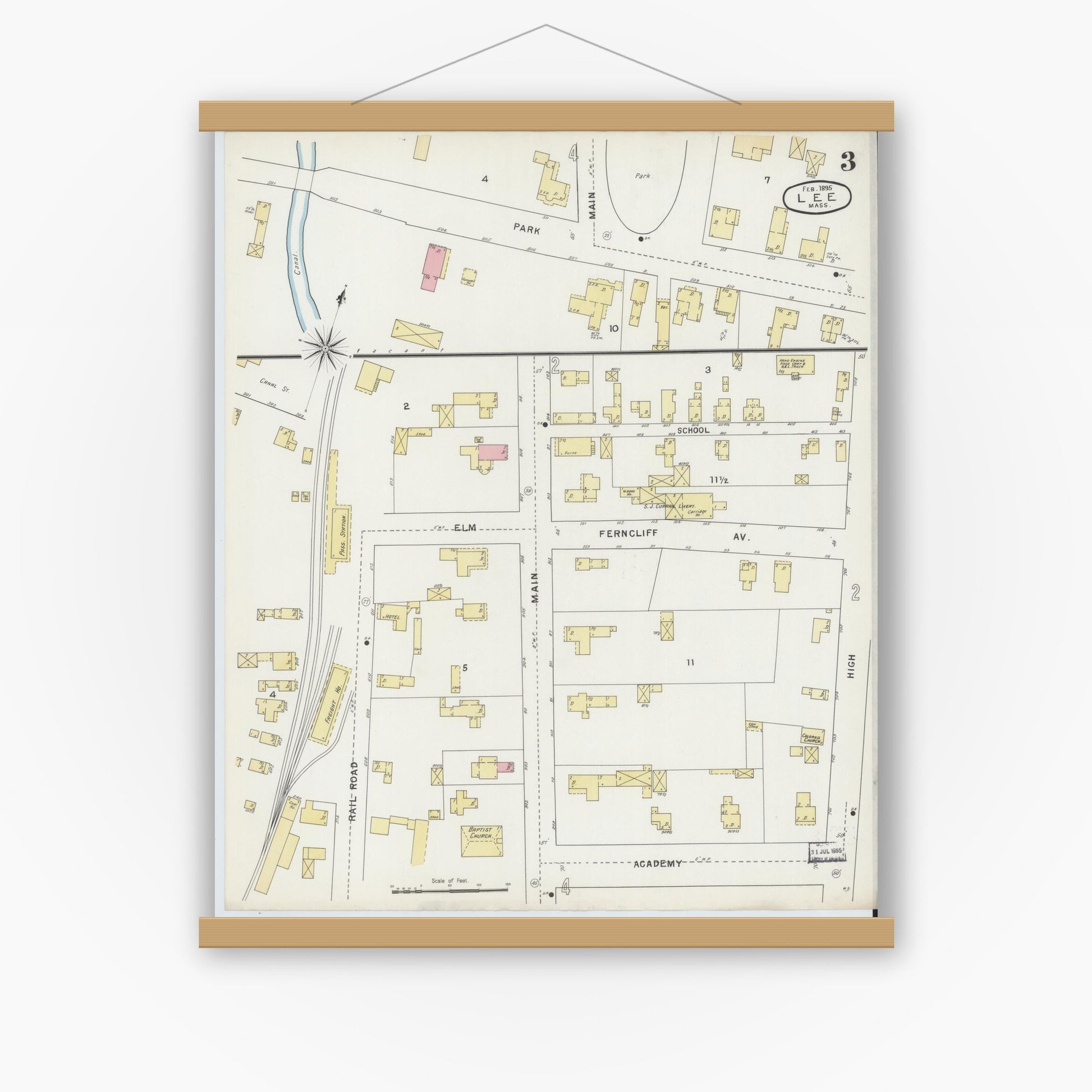 Old map wall art mockup — magnetic wood frame on white wall — Sanborn Fire Insurance Map from Lee, Berkshire County, Massachusetts (1895), Sheet #0003