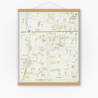 Old map wall art mockup — magnetic wood frame on white wall — Sanborn Fire Insurance Map from Lee, Berkshire County, Massachusetts (1895), Sheet #0003