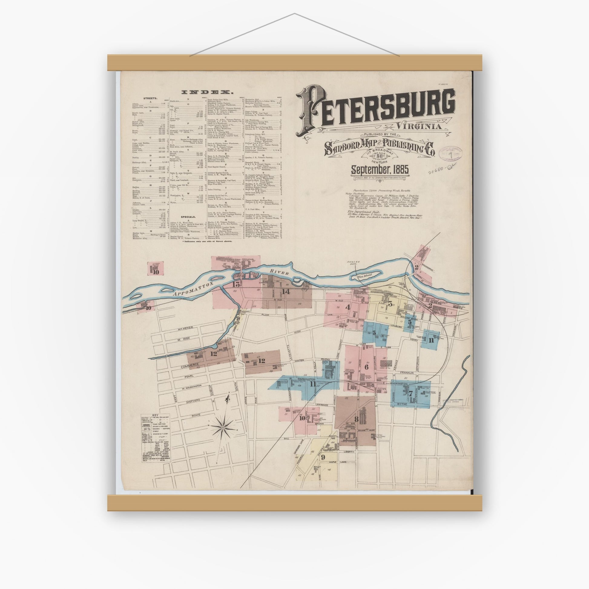 Old map wall art mockup — magnetic wood frame on white wall — Sanborn Fire Insurance Map from Petersburg, Independent Cities, Virginia (1885), Sheet #0001