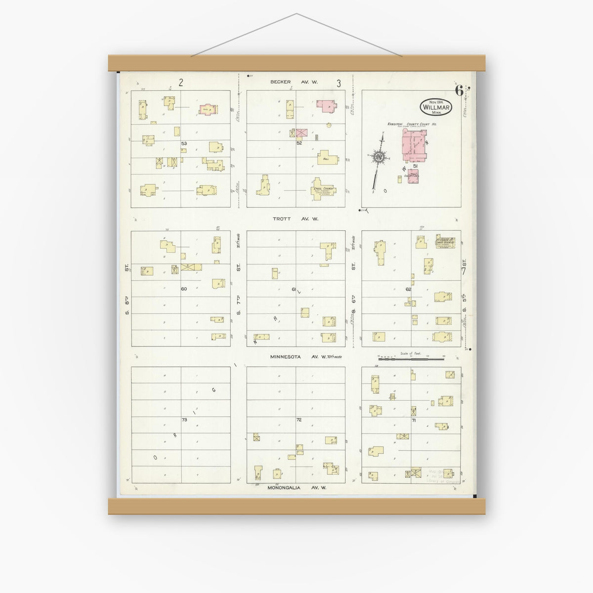 Old map wall art mockup — magnetic wood frame on white wall — Sanborn Fire Insurance Map from Willmar, Kandiyohi County, Minnesota (1914), Sheet #0006