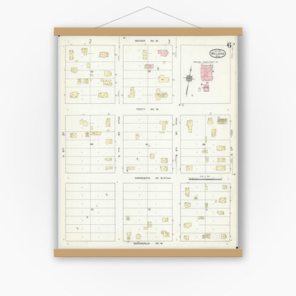 Old map wall art mockup — magnetic wood frame on white wall — Sanborn Fire Insurance Map from Willmar, Kandiyohi County, Minnesota (1914), Sheet #0006