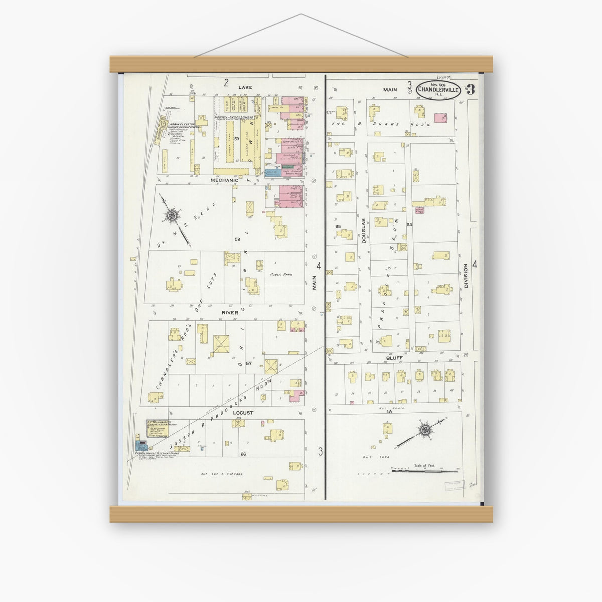 Old map wall art mockup — magnetic wood frame on white wall — Sanborn Fire Insurance Map from Chandlerville, Cass County, Illinois (1909), Sheet #0003
