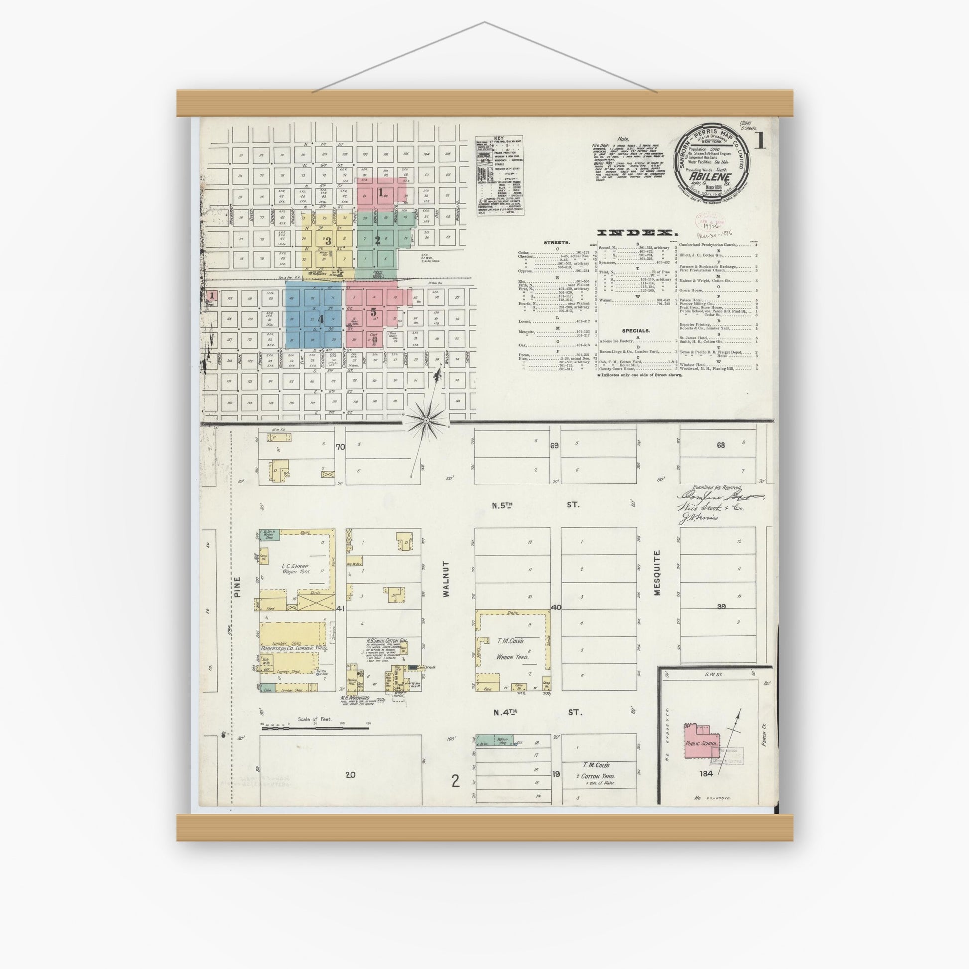 Old map wall art mockup — magnetic wood frame on white wall — Sanborn Fire Insurance Map from Abilene, Taylor County, Texas (1896), Sheet #0001