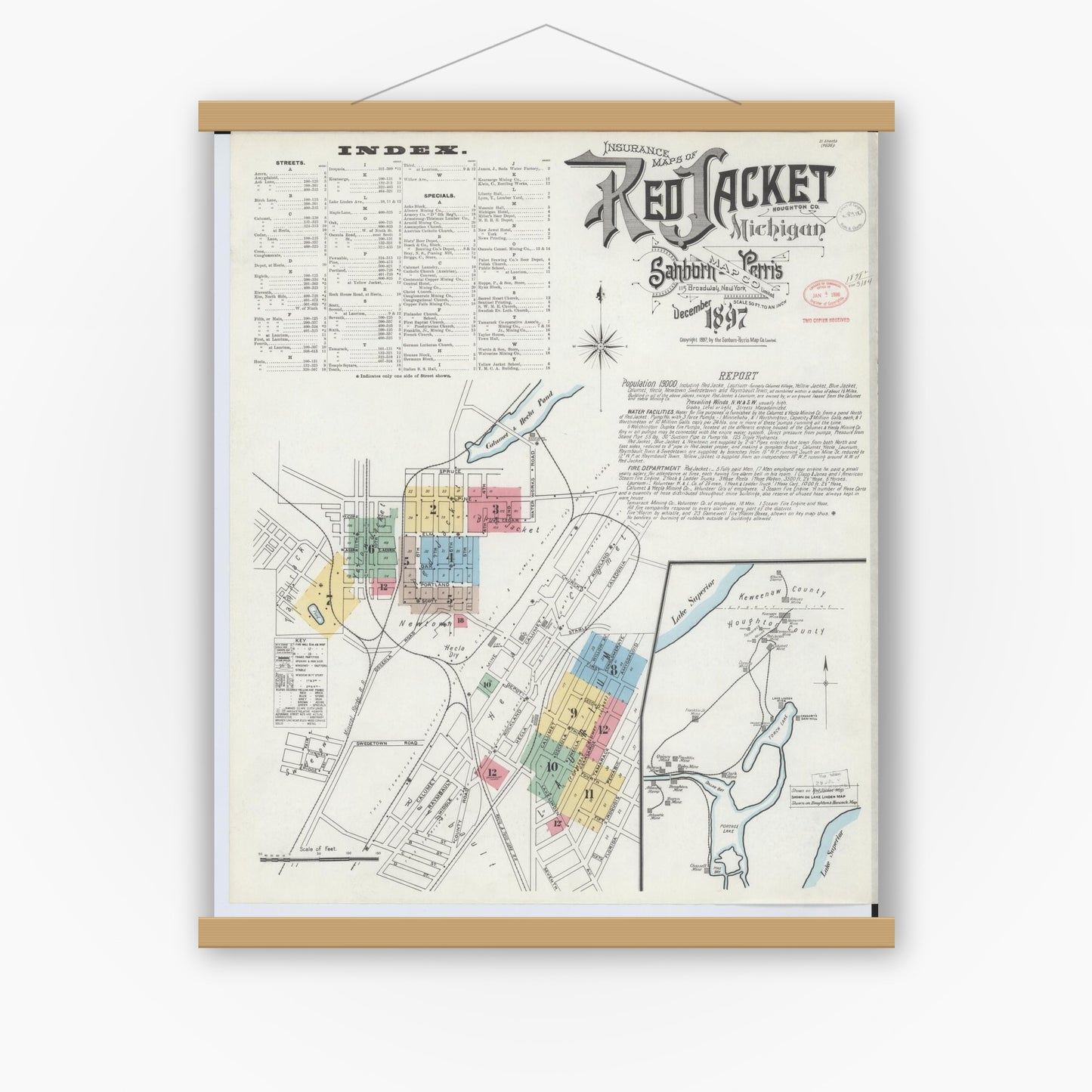 Old map wall art mockup — magnetic wood frame on white wall — Sanborn Fire Insurance Map from Red Jacket, Houghton County, Michigan (1897) - Complete Map Set