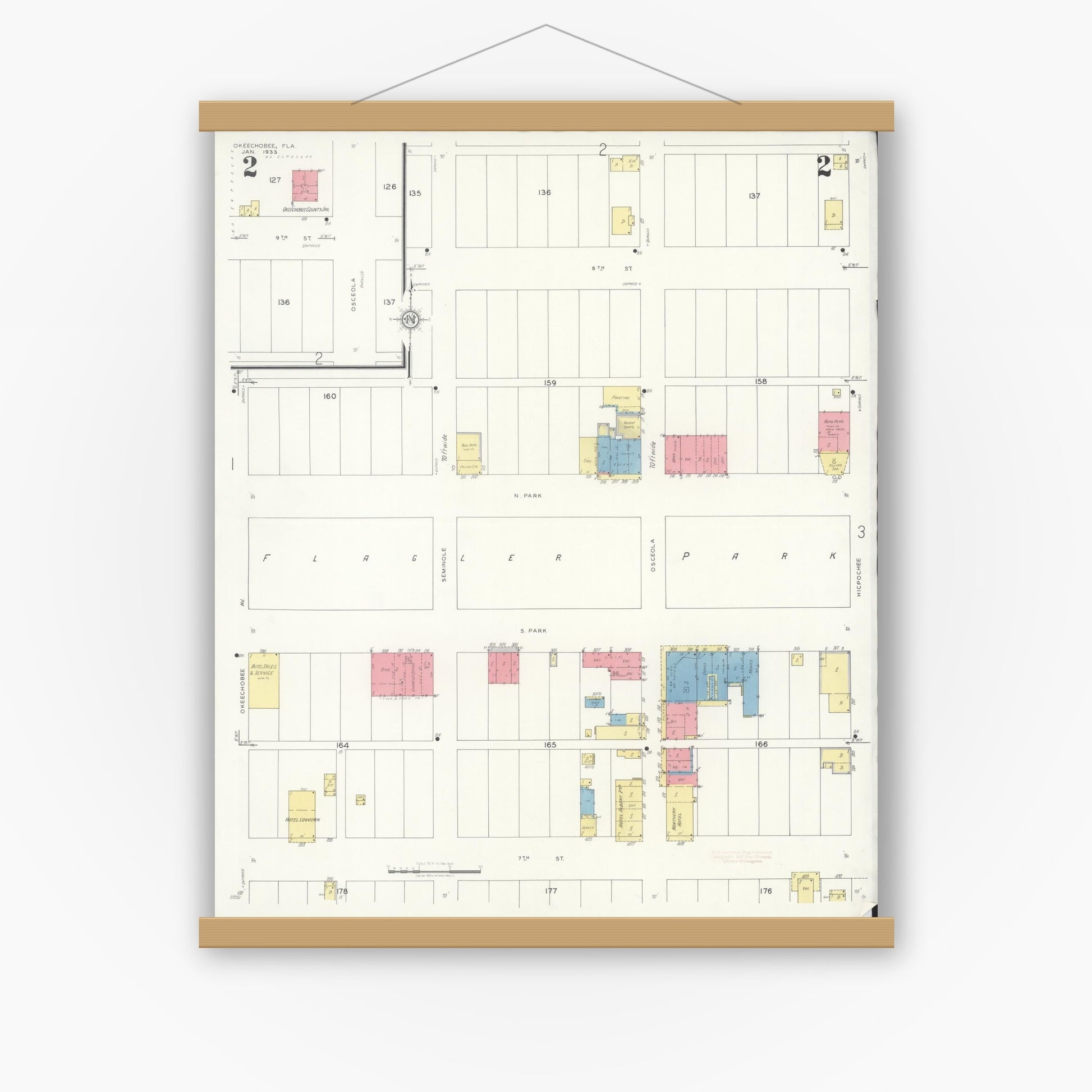 Old map wall art mockup — magnetic wood frame on white wall — Sanborn Fire Insurance Map from Okeechobee, Okeechobee County, Florida (1933), Sheet #0002