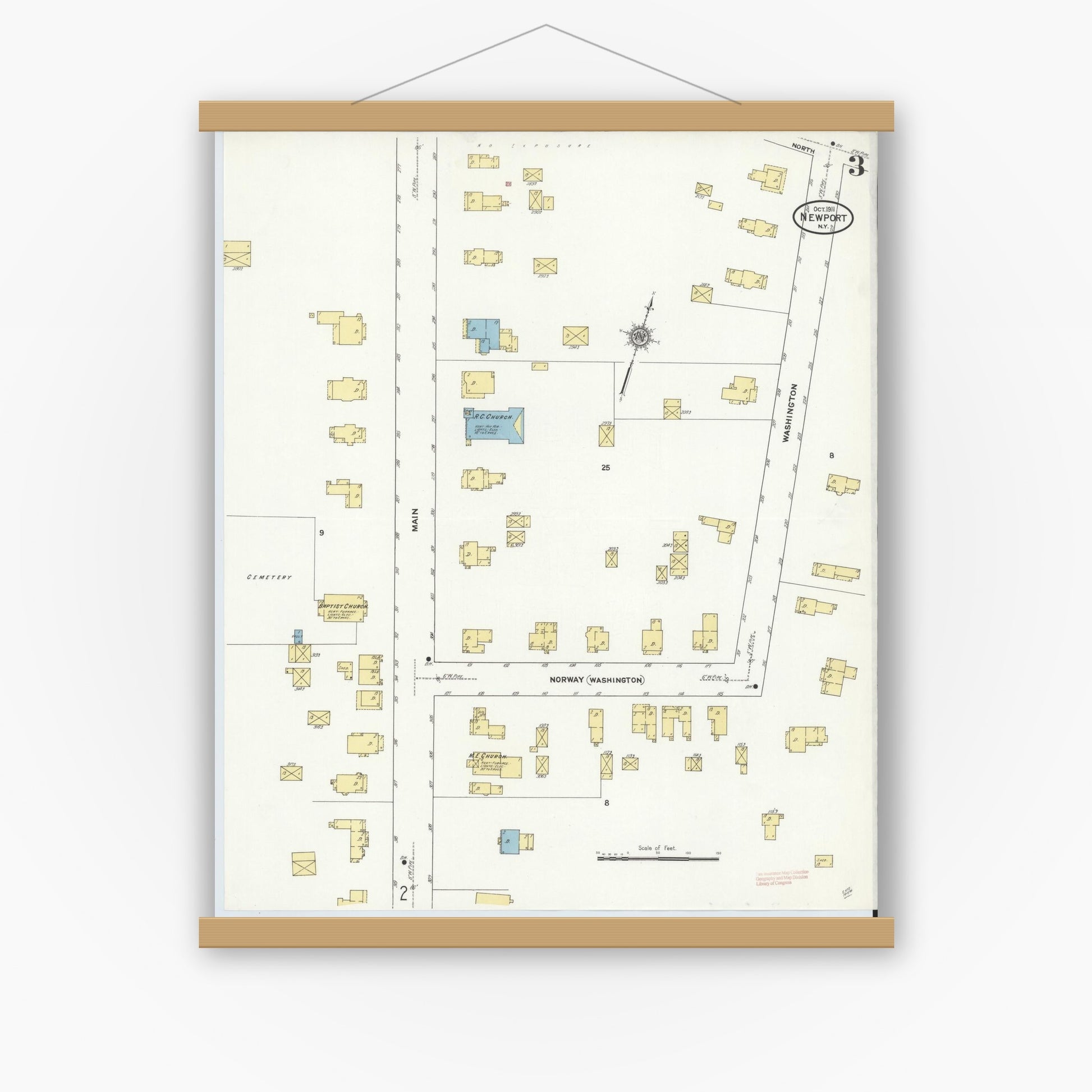 Old map wall art mockup — magnetic wood frame on white wall — Sanborn Fire Insurance Map from Newport, Herkimer County, New York (1911), Sheet #0003