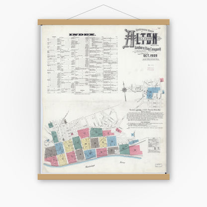 Old map wall art mockup — magnetic wood frame on white wall — Sanborn Fire Insurance Map from Alton, Madison County, Illinois (1909), Sheet #0001