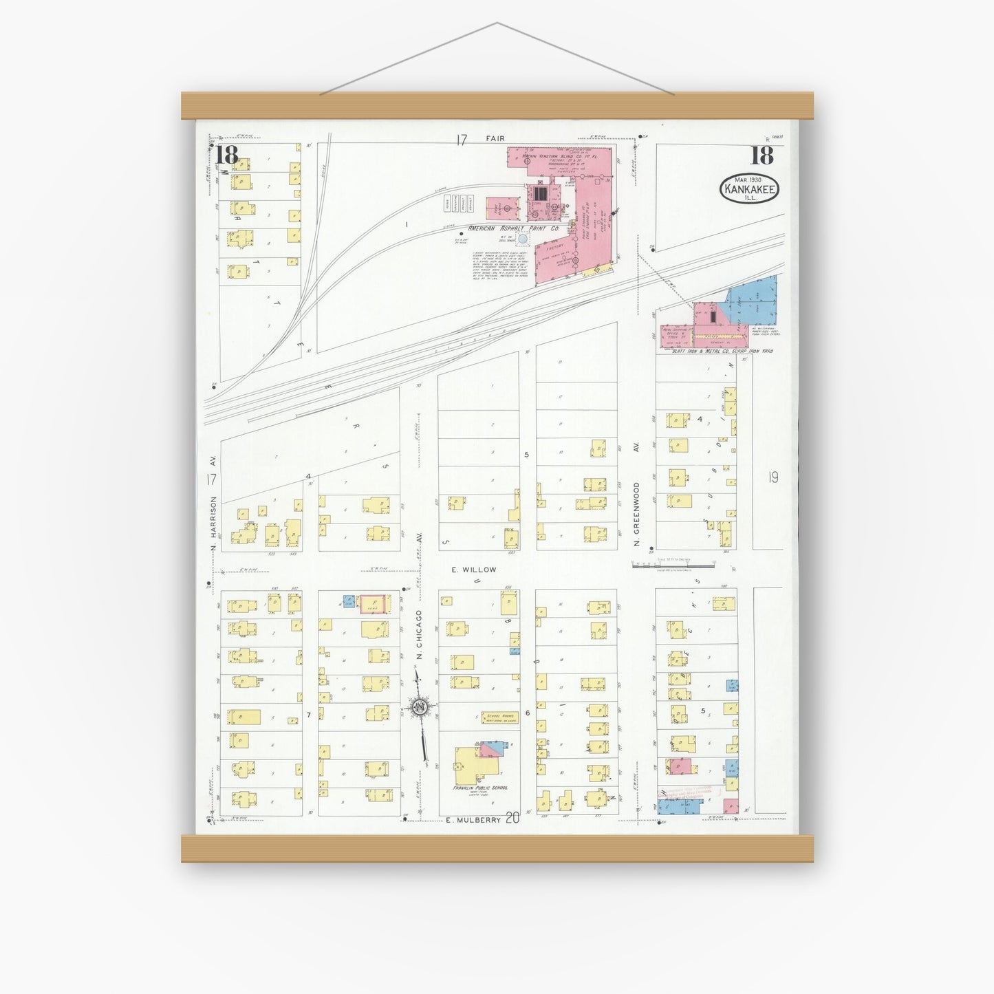 Old map wall art mockup — magnetic wood frame on white wall — Sanborn Fire Insurance Map from Kankakee, Kankakee County, Illinois (1930), Sheet #0018