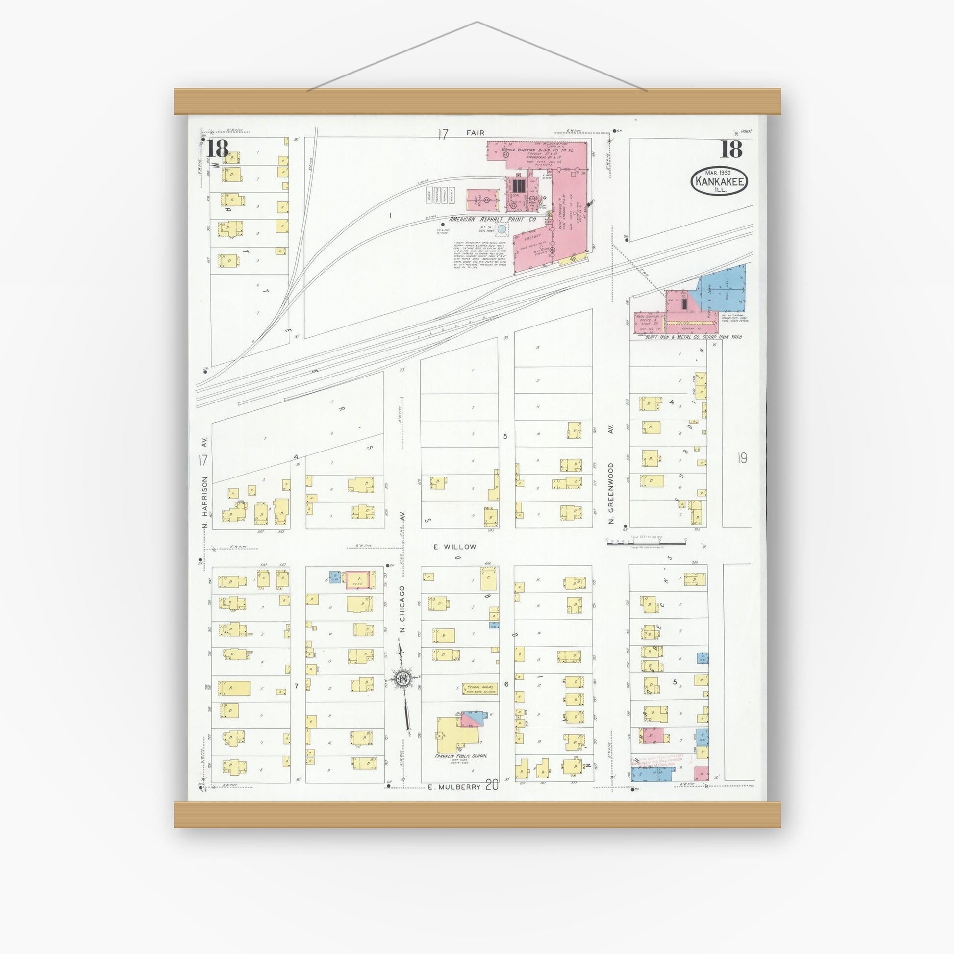 Old map wall art mockup — magnetic wood frame on white wall — Sanborn Fire Insurance Map from Kankakee, Kankakee County, Illinois (1930), Sheet #0018