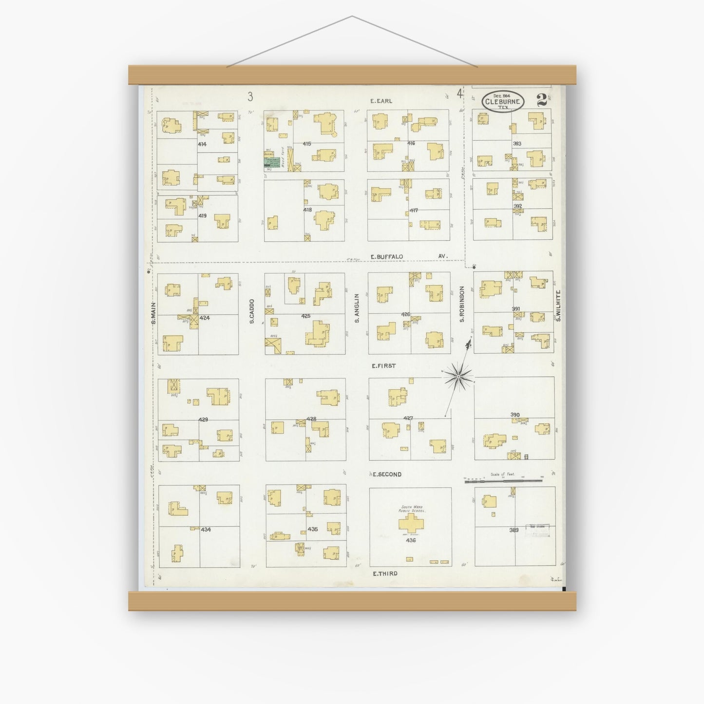 Old map wall art mockup — magnetic wood frame on white wall — Sanborn Fire Insurance Map from Cleburne, Johnson County, Texas (1904), Sheet #0002
