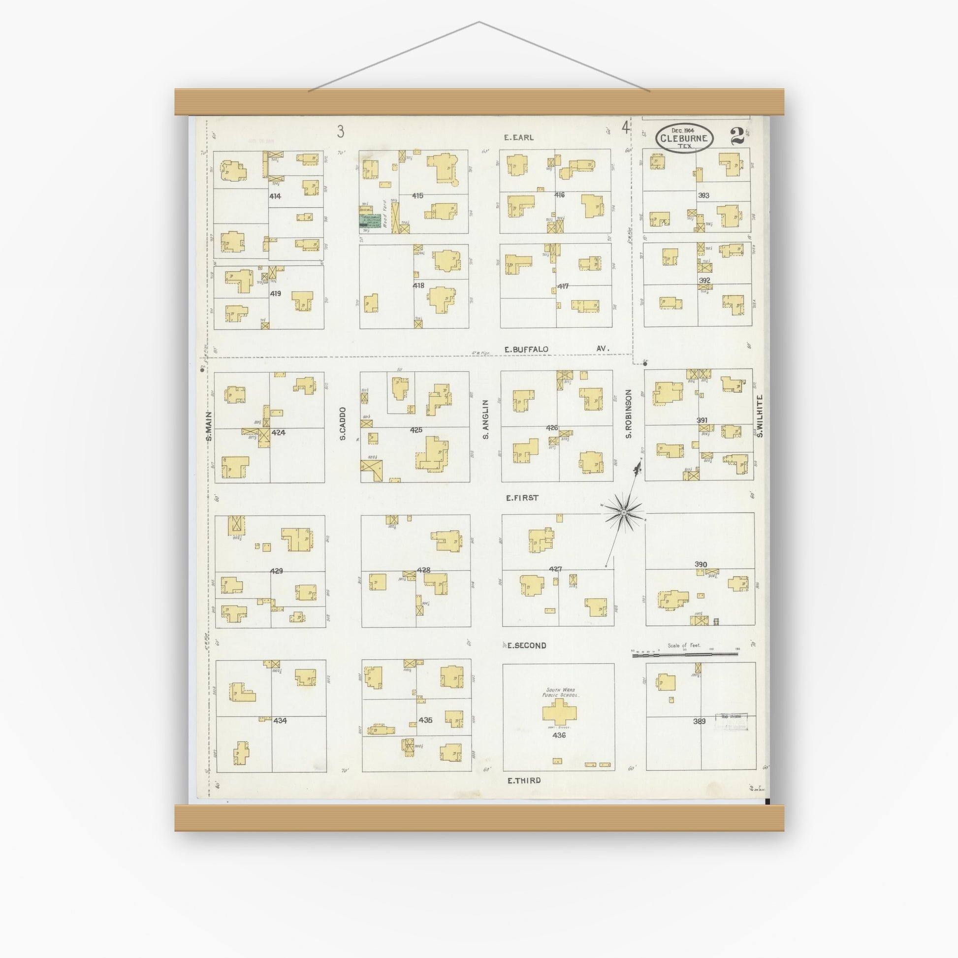 Old map wall art mockup — magnetic wood frame on white wall — Sanborn Fire Insurance Map from Cleburne, Johnson County, Texas (1904), Sheet #0002