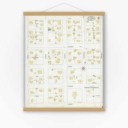 Old map wall art mockup — magnetic wood frame on white wall — Sanborn Fire Insurance Map from Cleburne, Johnson County, Texas (1904), Sheet #0002
