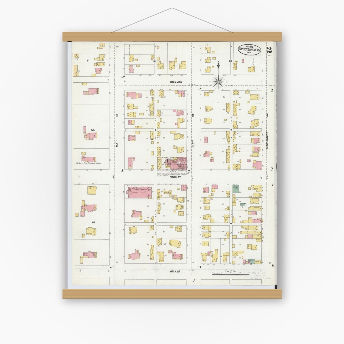 Old map wall art mockup — magnetic wood frame on white wall — Sanborn Fire Insurance Map from Upper Sandusky, Wyandot County, Ohio (1902), Sheet #0002