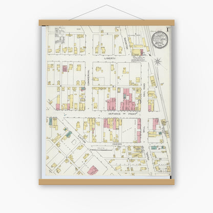 Old map wall art mockup — magnetic wood frame on white wall — Sanborn Fire Insurance Map from Leipsic, Putnam County, Ohio (1893), Sheet #0001