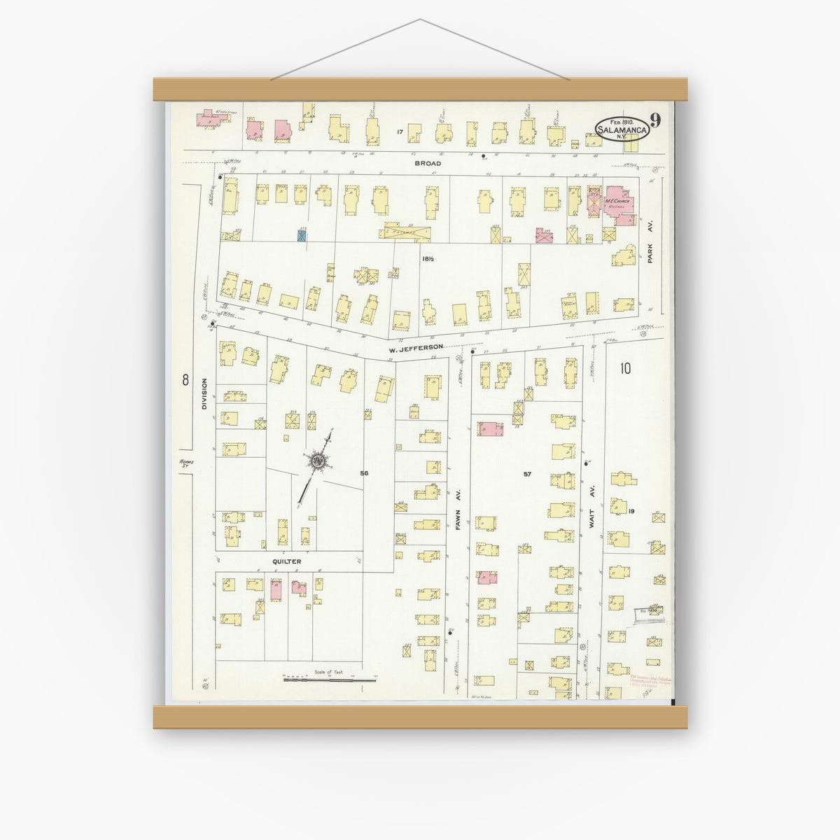 Old map wall art mockup — magnetic wood frame on white wall — Sanborn Fire Insurance Map from Salamanca, Cattaraugus County, New York (1910), Sheet #0009