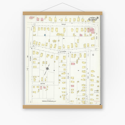 Old map wall art mockup — magnetic wood frame on white wall — Sanborn Fire Insurance Map from Salamanca, Cattaraugus County, New York (1910), Sheet #0009