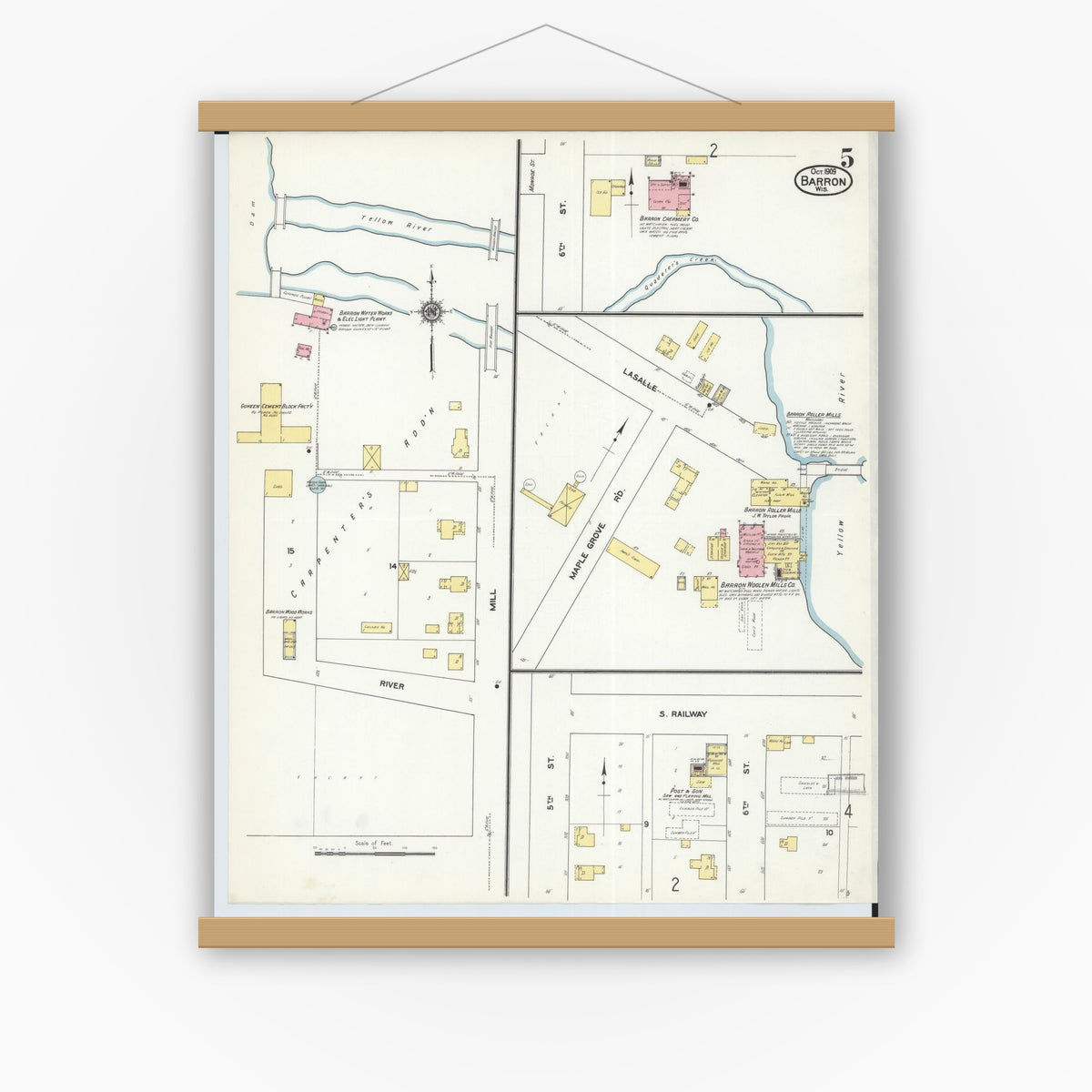 Old map wall art mockup — magnetic wood frame on white wall — Sanborn Fire Insurance Map from Barron, Barron County, Wisconsin (1909), Sheet #0005