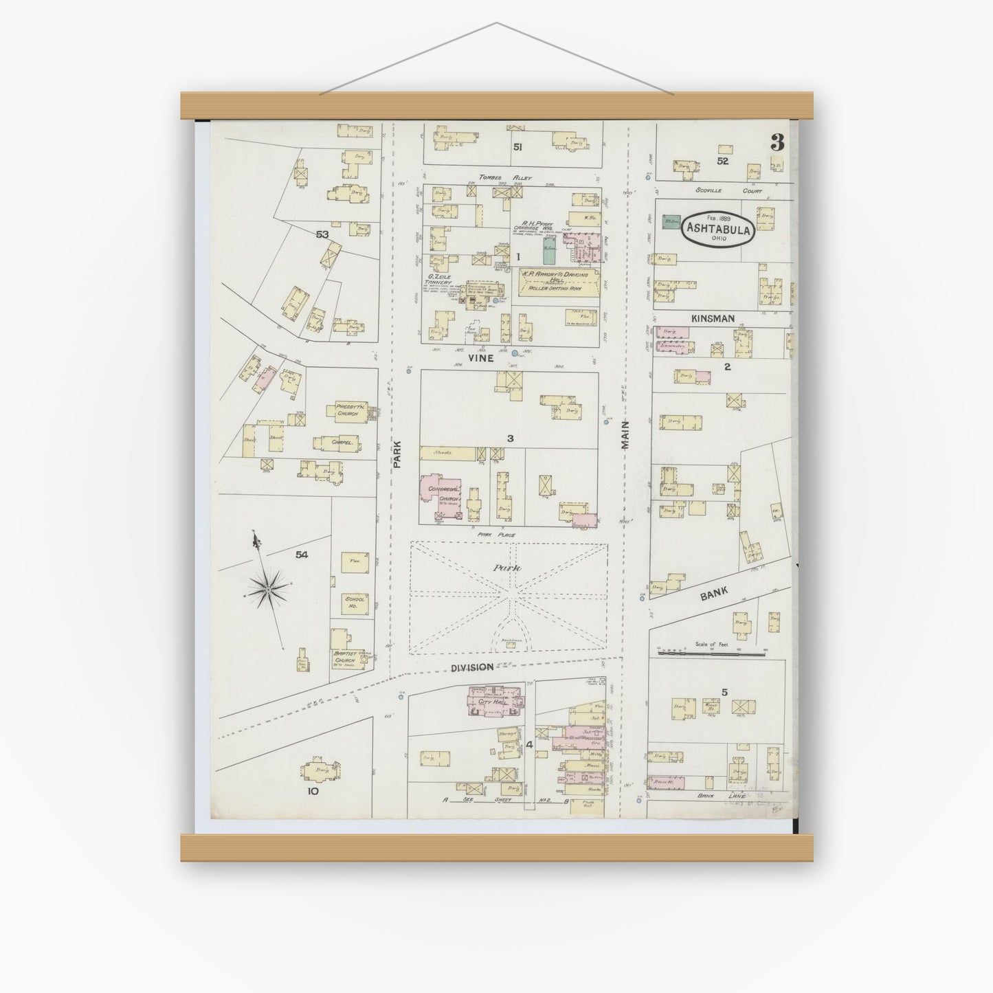 Old map wall art mockup — magnetic wood frame on white wall — Sanborn Fire Insurance Map from Ashtabula, Ashtabula County, Ohio (1889), Sheet #0003