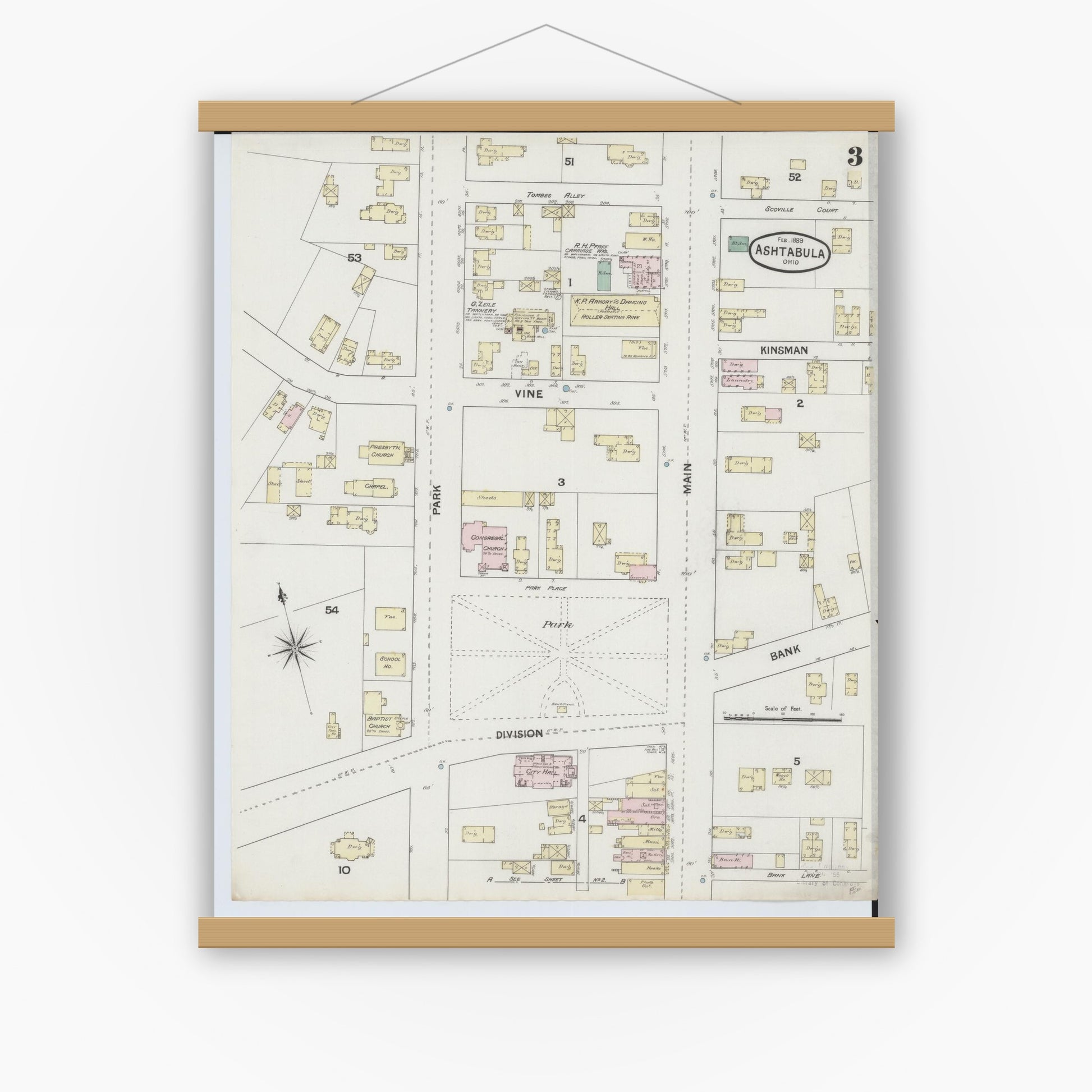 Old map wall art mockup — magnetic wood frame on white wall — Sanborn Fire Insurance Map from Ashtabula, Ashtabula County, Ohio (1889), Sheet #0003