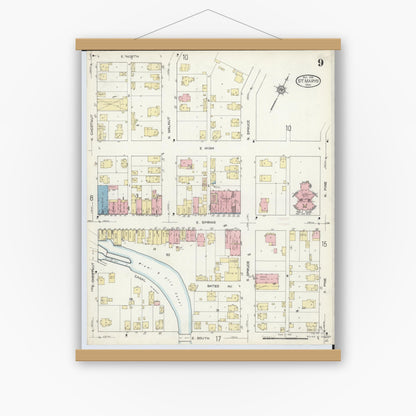 Old map wall art mockup — magnetic wood frame on white wall — Sanborn Fire Insurance Map from Saint Marys, Auglaize County, Ohio (1914), Sheet #0009