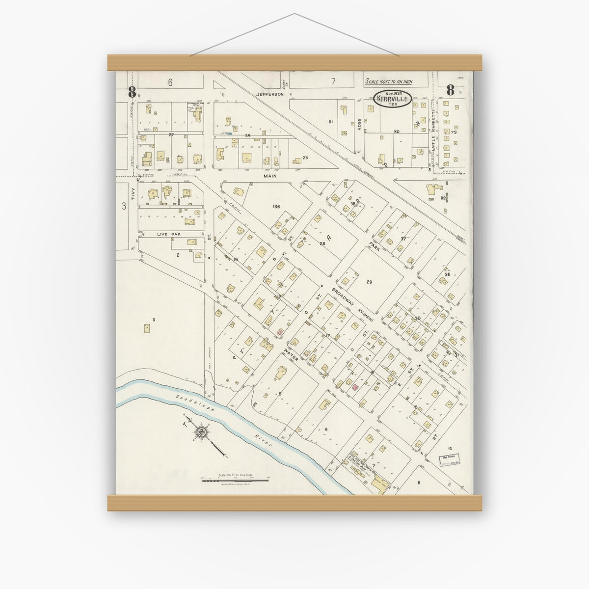 Old map wall art mockup — magnetic wood frame on white wall — Sanborn Fire Insurance Map from Kerrville, Kerr County, Texas (1924), Sheet #0008