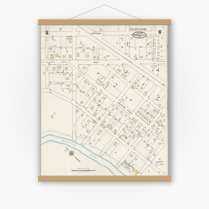 Old map wall art mockup — magnetic wood frame on white wall — Sanborn Fire Insurance Map from Kerrville, Kerr County, Texas (1924), Sheet #0008