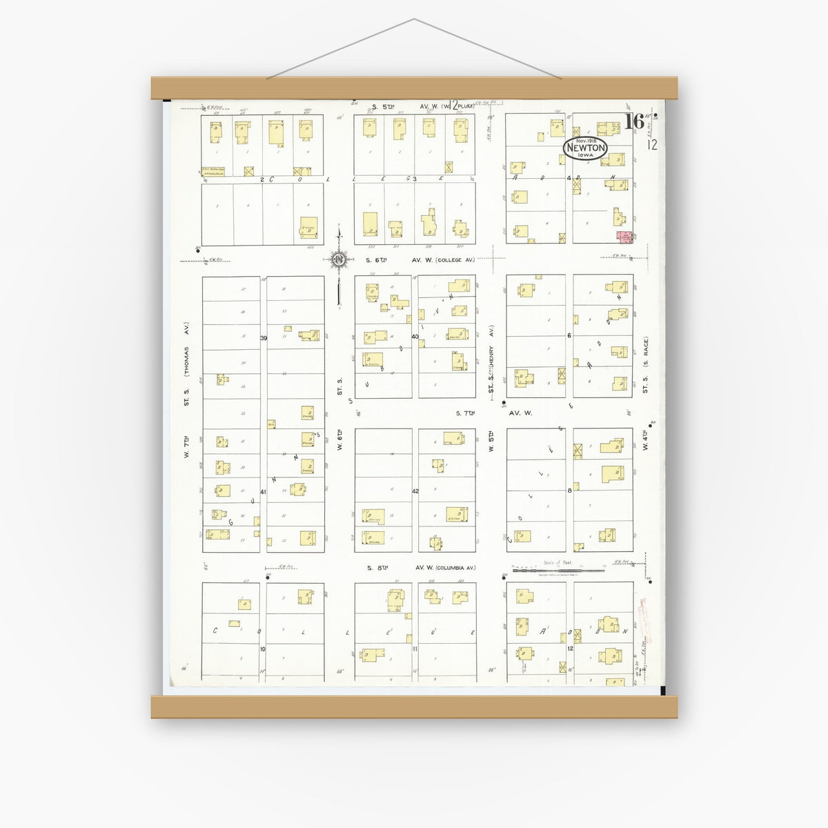 Old map wall art mockup — magnetic wood frame on white wall — Sanborn Fire Insurance Map from Newton, Jasper County, Iowa (1918), Sheet #0016
