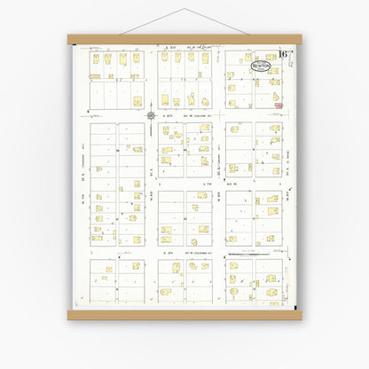 Old map wall art mockup — magnetic wood frame on white wall — Sanborn Fire Insurance Map from Newton, Jasper County, Iowa (1918), Sheet #0016