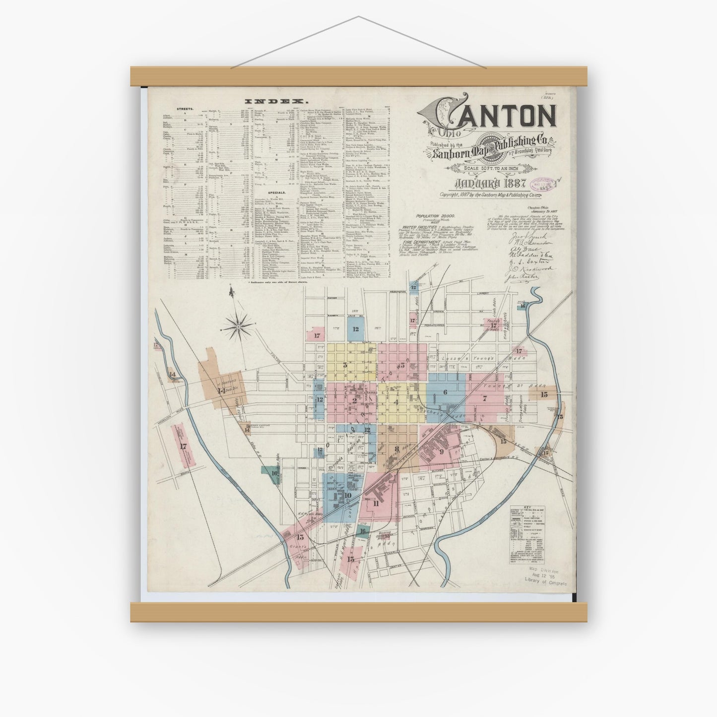 Old map wall art mockup — magnetic wood frame on white wall — Sanborn Fire Insurance Map from Canton, Stark County, Ohio (1887) - Complete Map Set