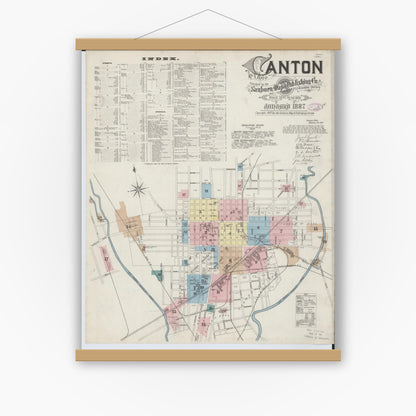 Old map wall art mockup — magnetic wood frame on white wall — Sanborn Fire Insurance Map from Canton, Stark County, Ohio (1887) - Complete Map Set